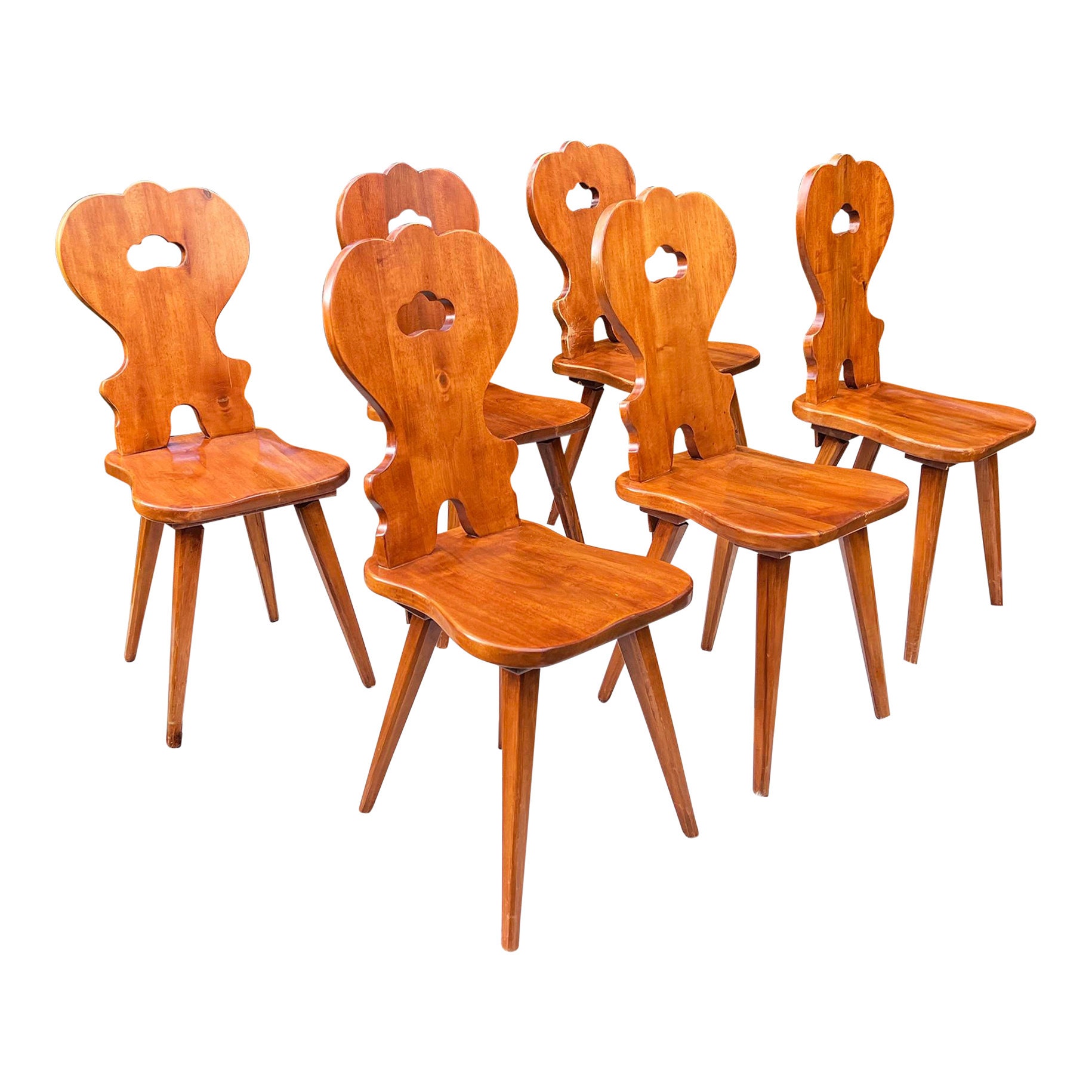 Set of 6 Swiss Handmade Farm House Carved Dining Chairs