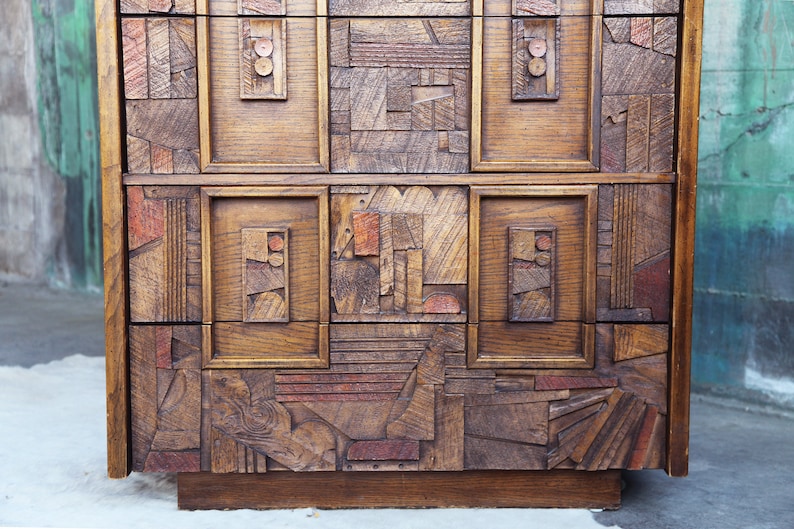 Paul Evans Style Lane Brutalist MCM Mid Century Post Modern Tessellated DRESSER Highboy Percival Lafer Style POSTMODERN image 8