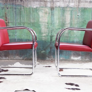 Mid Century Modern Thonet Mies Van Der Rohe Brno Red Chrome Cantilever Dining / Side / Accent Chairs 4 Avail. Sold Ind. SET avail. image 4
