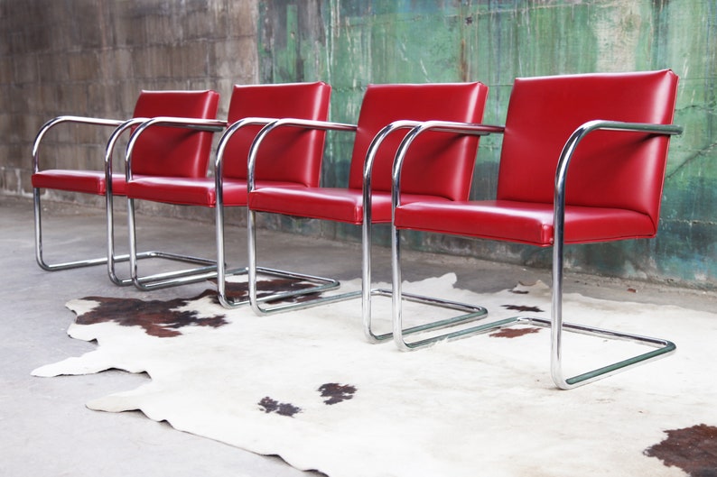 Mid Century Modern Thonet Mies Van Der Rohe Brno Red Chrome Cantilever Dining / Side / Accent Chairs 4 Avail. Sold Ind. SET avail. image 1
