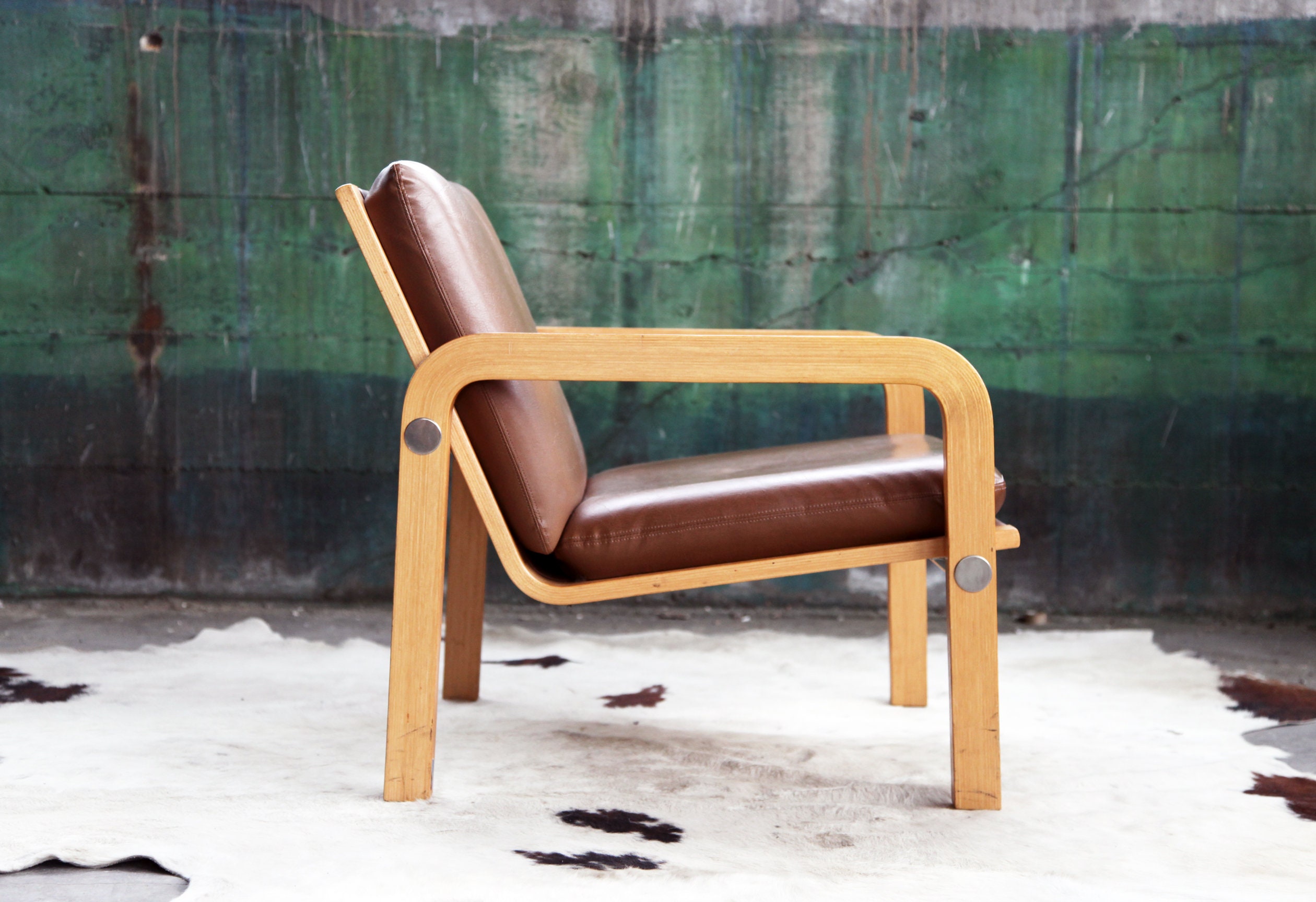 RARE THONET Mid Century Oak Bentwood Chrome Armchair Lounge