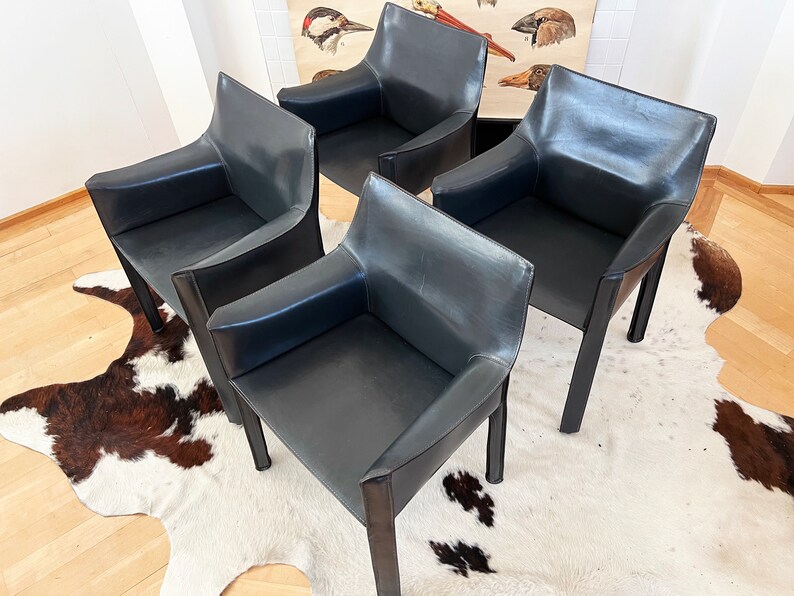 Set of 4 Original 1970s Cab 414 Armchairs by Mario Bellini for Cassina in RARE Dark Grey / Black LeatherComplete SET image 4