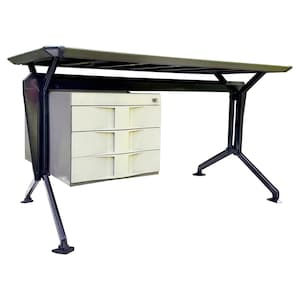 May include: A black metal desk with a white drawer unit. The desk has a rectangular top and a unique, angular base. The drawer unit has three drawers with a textured front.