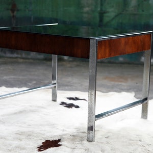 Stunning Milo Baughman Mid Century Smoked glass Chrome walnut end coffee cocktail table MCM Designer image 4