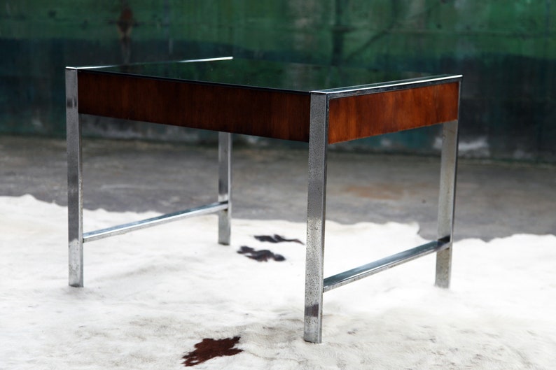 Stunning Milo Baughman Mid Century Smoked glass Chrome walnut end coffee cocktail table MCM Designer image 4