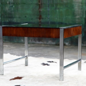 Stunning Milo Baughman Mid Century Smoked glass Chrome walnut end coffee cocktail table MCM Designer image 1