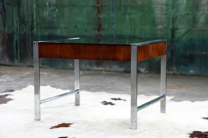 Stunning Milo Baughman Mid Century Smoked glass Chrome walnut end coffee cocktail table MCM Designer image 1