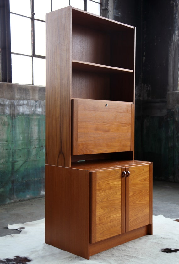 Mid Century Danish Modern Teak Wall Unit Shelving Drop Down Desk