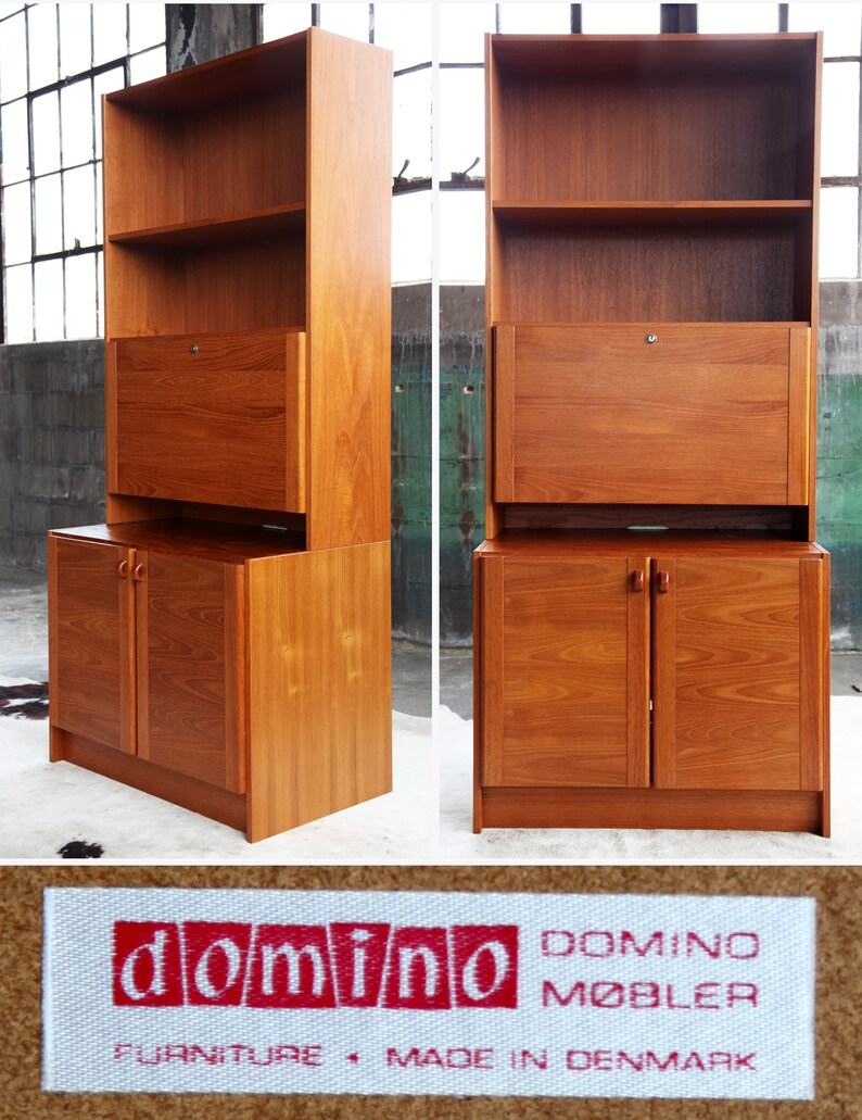 Mid Century Danish Modern Teak Wall Unit Shelving Drop Down Desk Buffet Bar Bookcase Storage Secretary Display Cabinet Mcm Denmark