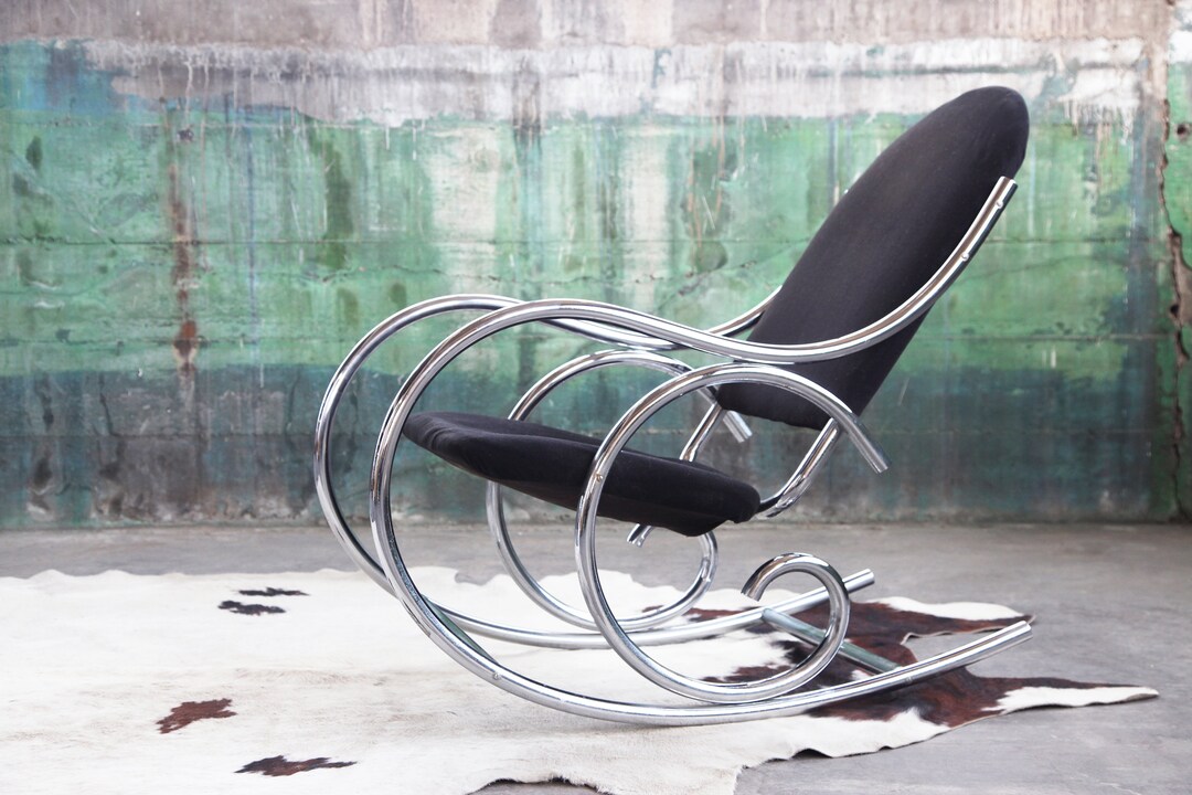 Chrome Base Rocking Chair 1970s Sculptural Chrome and Black Velour Rocking Chair Rocker in the ...