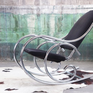 1970s Sculptural Chrome and Black Velour Rocking Chair Rocker in the Manner of Milo Baughman