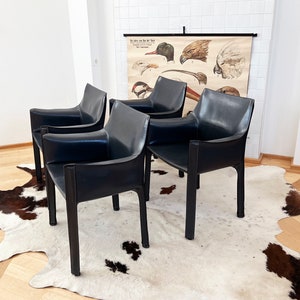 Set of 4 Original 1970s Cab 414 Armchairs by Mario Bellini for Cassina in RARE Dark Grey / Black LeatherComplete SET image 1