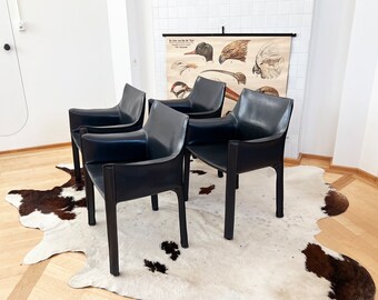 Set of 4 Original 1970s Cab 414 Armchairs by Mario Bellini for Cassina in RARE Dark Grey / Black Leather--Complete SET