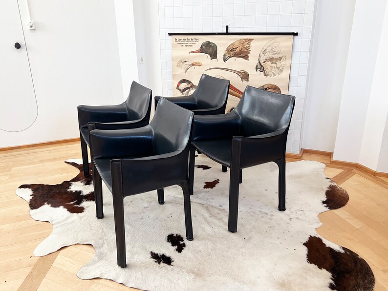 Set of 4 Original 1970s Cab 414 Armchairs by Mario Bellini for Cassina in RARE Dark Grey / Black LeatherComplete SET image 1