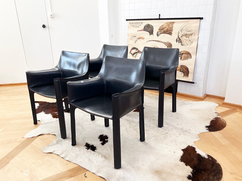 Set of 4 Original 1970s Cab 414 Armchairs by Mario Bellini for Cassina in RARE Dark Grey / Black LeatherComplete SET image 2