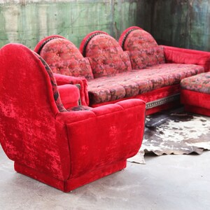 1970s Mid Century Modern Red Velvet Plinth Base Lounge Chair and Ottoman in the Style of Adrian Pearsall Strictly Spanish image 9