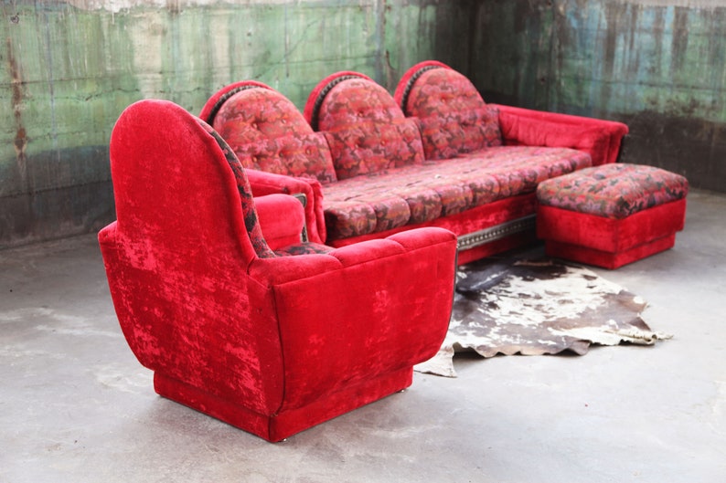 1970s Mid Century Modern Red Velvet Plinth Base Lounge Chair and Ottoman in the Style of Adrian Pearsall Strictly Spanish image 9