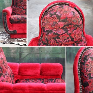 1970s Mid Century Modern Red Velvet Plinth Base Lounge Chair and Ottoman in the Style of Adrian Pearsall Strictly Spanish image 7