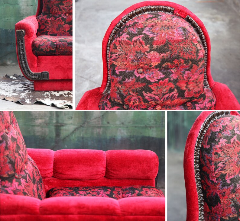 1970s Mid Century Modern Red Velvet Plinth Base Lounge Chair and Ottoman in the Style of Adrian Pearsall Strictly Spanish image 7