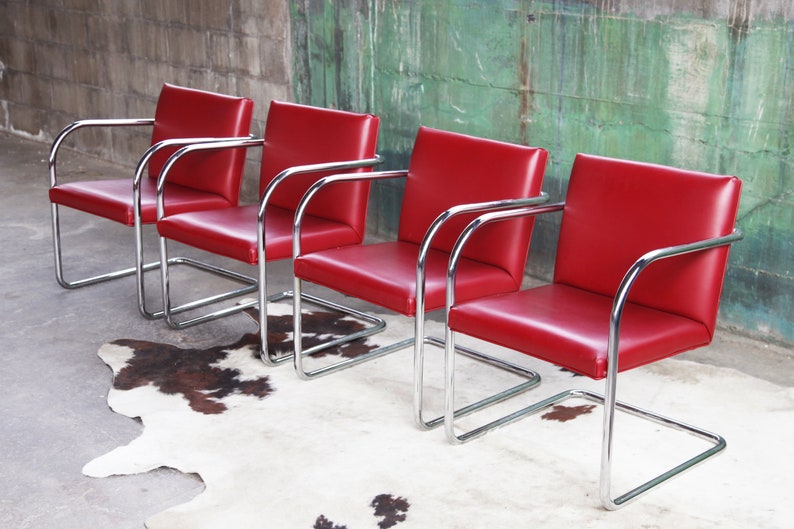 Mid Century Modern Thonet Mies Van Der Rohe Brno Red Chrome Cantilever Dining / Side / Accent Chairs 4 Avail. Sold Ind. SET avail. image 9
