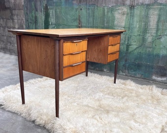 1960s Danish Style Two Sided Double Pedestal Writing Desk With 6 Drawers