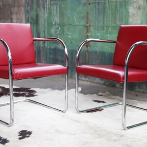 Mid Century Modern Thonet Mies Van Der Rohe Brno Red Chrome Cantilever Dining / Side / Accent Chairs 4 Avail. Sold Ind. SET avail. image 6