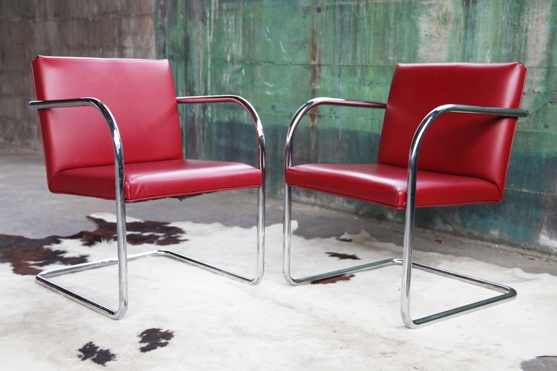 Mid Century Modern Thonet Mies Van Der Rohe Brno Red Chrome Cantilever Dining / Side / Accent Chairs 4 Avail. Sold Ind. SET avail. image 6