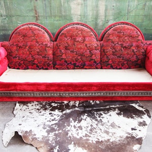 1970s Mid Century Modern Red Velvet Three Seater Plinth Base Sofa in the Style of Adrian Pearsall Strictly Spanish image 9
