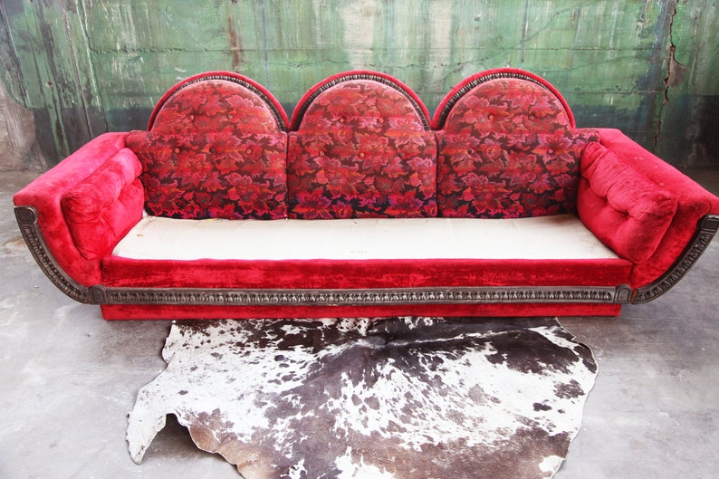 1970s Mid Century Modern Red Velvet Three Seater Plinth Base Sofa in the Style of Adrian Pearsall Strictly Spanish image 9