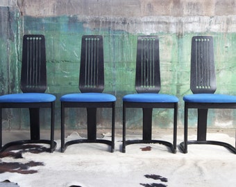 SET of 4 Norwegian Ebonized Post Modern Black dining chairs Mid Century Modern McM 80's Memphis Geometric high back Postmodern NORWAY Black