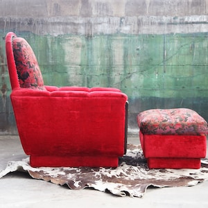 1970s Mid Century Modern Red Velvet Plinth Base Lounge Chair and Ottoman in the Style of Adrian Pearsall Strictly Spanish