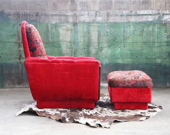 1970s Mid Century Modern Red Velvet Plinth Base Lounge Chair and Ottoman in the Style of Adrian Pearsall Strictly Spanish