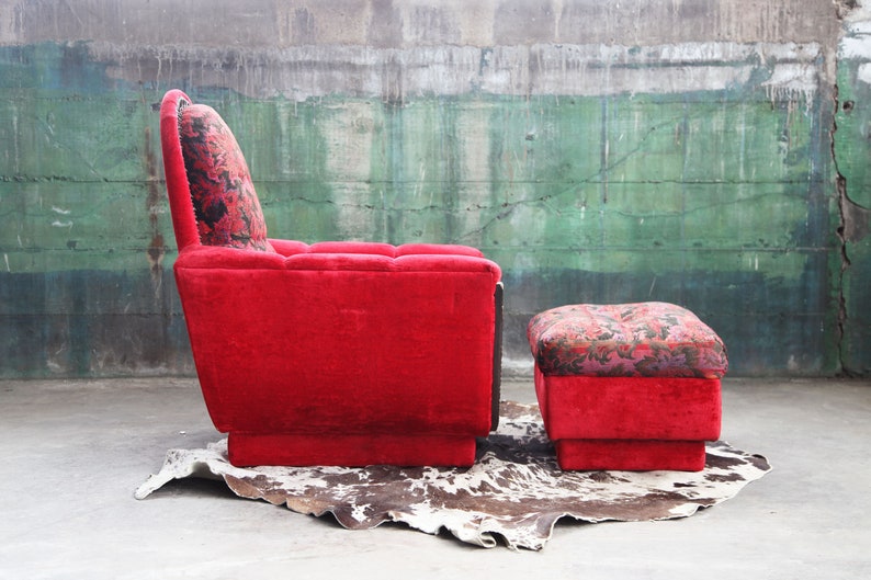 1970s Mid Century Modern Red Velvet Plinth Base Lounge Chair and Ottoman in the Style of Adrian Pearsall Strictly Spanish image 1