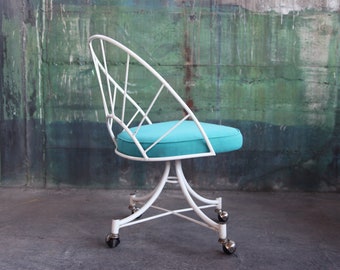 Mid Century Modern vintage Acapulco style Accent Side dining office rolling chair 1960's custom Linen Aqua upholstery !