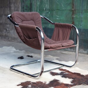 Post Modern **SOLD ** Milo Baughman Jerry Johnson Style 70s Chrome Sling Chair Mid Century accent lounge MCM Brown 1970s Reading