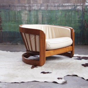 SOLD** 1970s Sculptural Spindle Backed Howard + Pearsall Attributed Postmodern Oak Lounge Chair in Cream Color