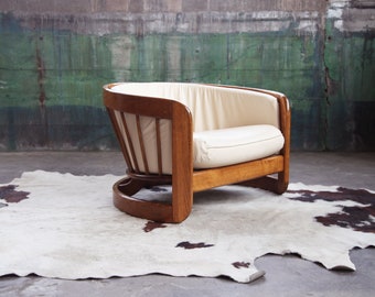 SOLD** 1970s Sculptural Spindle Backed Howard + Pearsall Attributed Postmodern Oak Lounge Chair in Cream Color
