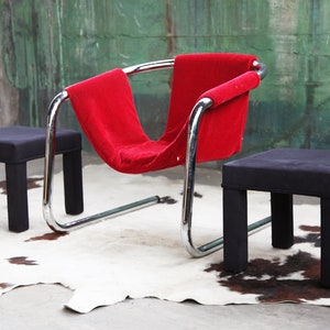 HOLD** 1970s Postmodern Chrome Vecta Zermatt Sling Red Velvet Lounge Chair