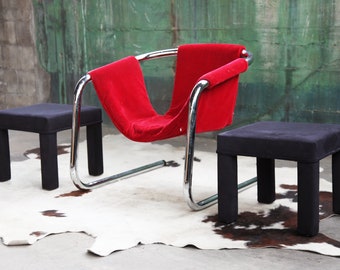 HOLD** 1970s Postmodern Chrome Vecta Zermatt Sling Red Velvet Lounge Chair