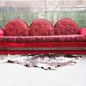 1970s Mid Century Modern Red Velvet Three Seater Plinth Base Sofa in the Style of Adrian Pearsall Strictly Spanish image 2