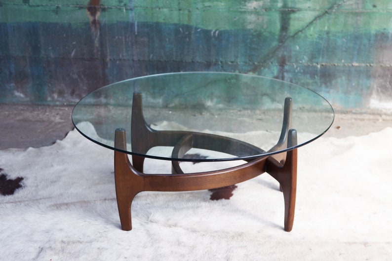 STUNNING, RARE Mid Century Walnut Adrian Pearsall Danish Modern coffee cocktail table round glass sculptural Walnut MCM Designer image 3