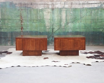 SOLD**EXQUISITE Original Pair Vintage 1970s Post Modern Walnut Milo Baughman Style PAIR Plinth tables Hollywood coffee cocktail table McM