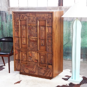 SOLD. Paul Evans Style Lane Brutalist MCM Mid Century Post Modern Tessellated DRESSER Highboy Percival Lafer Style POSTmodern