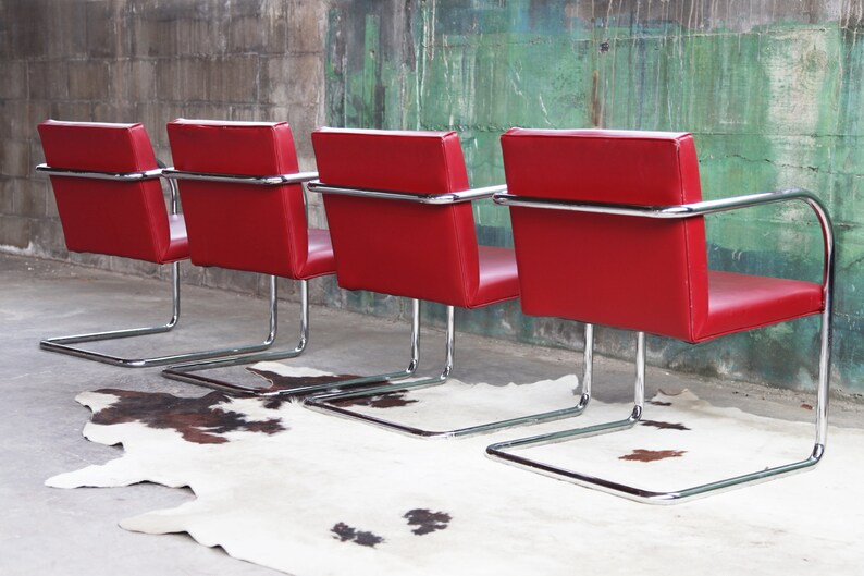 Mid Century Modern Thonet Mies Van Der Rohe Brno Red Chrome Cantilever Dining / Side / Accent Chairs 4 Avail. Sold Ind. SET avail. image 3
