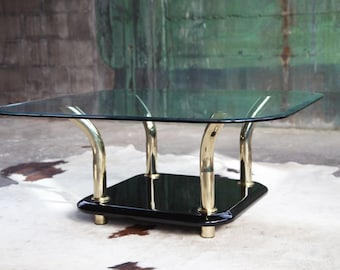 Stunning Karl Springer style Post Modern Miami Regency Hollywood Regency Mid Century glass Lucite Brass coffee cocktail table MCM Designer