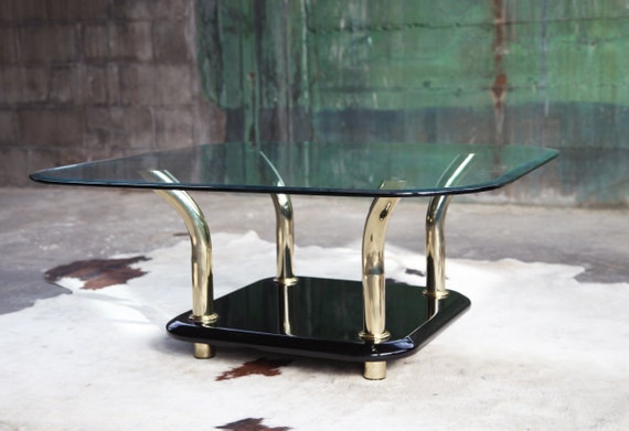 Stunning Karl Springer style Post Modern Miami Regency Hollywood Regency Mid Century glass Lucite Brass coffee cocktail table MCM Designer