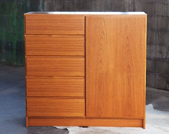 HOLD *** Mid Century Danish Modern Solid Teak Scan Coll Highboy Cabinet Armoire / Tall Dresser Scandinavian Collection