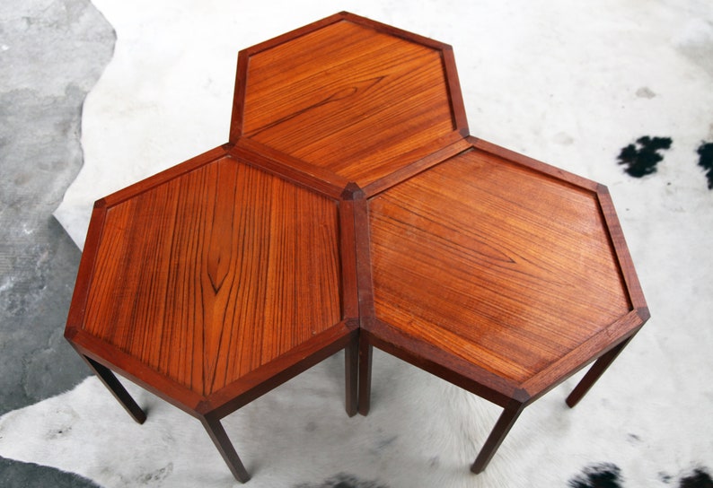 INCREDIBLE Set of 3 Hans Andersen Artex Brazilian Rosewood stacking Hexagonal tables DENMARK geometric Mid Century 60s sculptural MCM table image 2