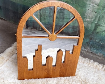 1970s Vintage Original Postmodern Cityscape Mirror in Oak