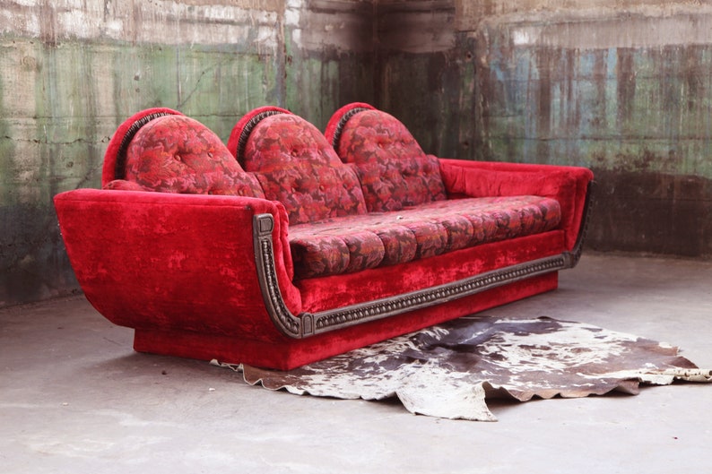 1970s Mid Century Modern Red Velvet Three Seater Plinth Base Sofa in the Style of Adrian Pearsall Strictly Spanish image 1
